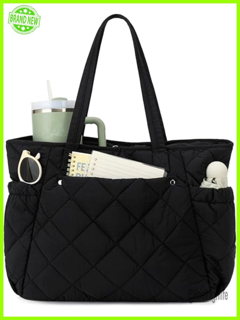 Lightweight Quilted Nylon Puffer Tote Bag with Pockets